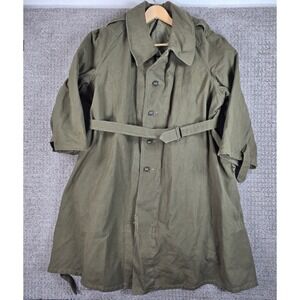 Vintage WWII French Military Trench Coat Mens Green Full Length Belted Canvas